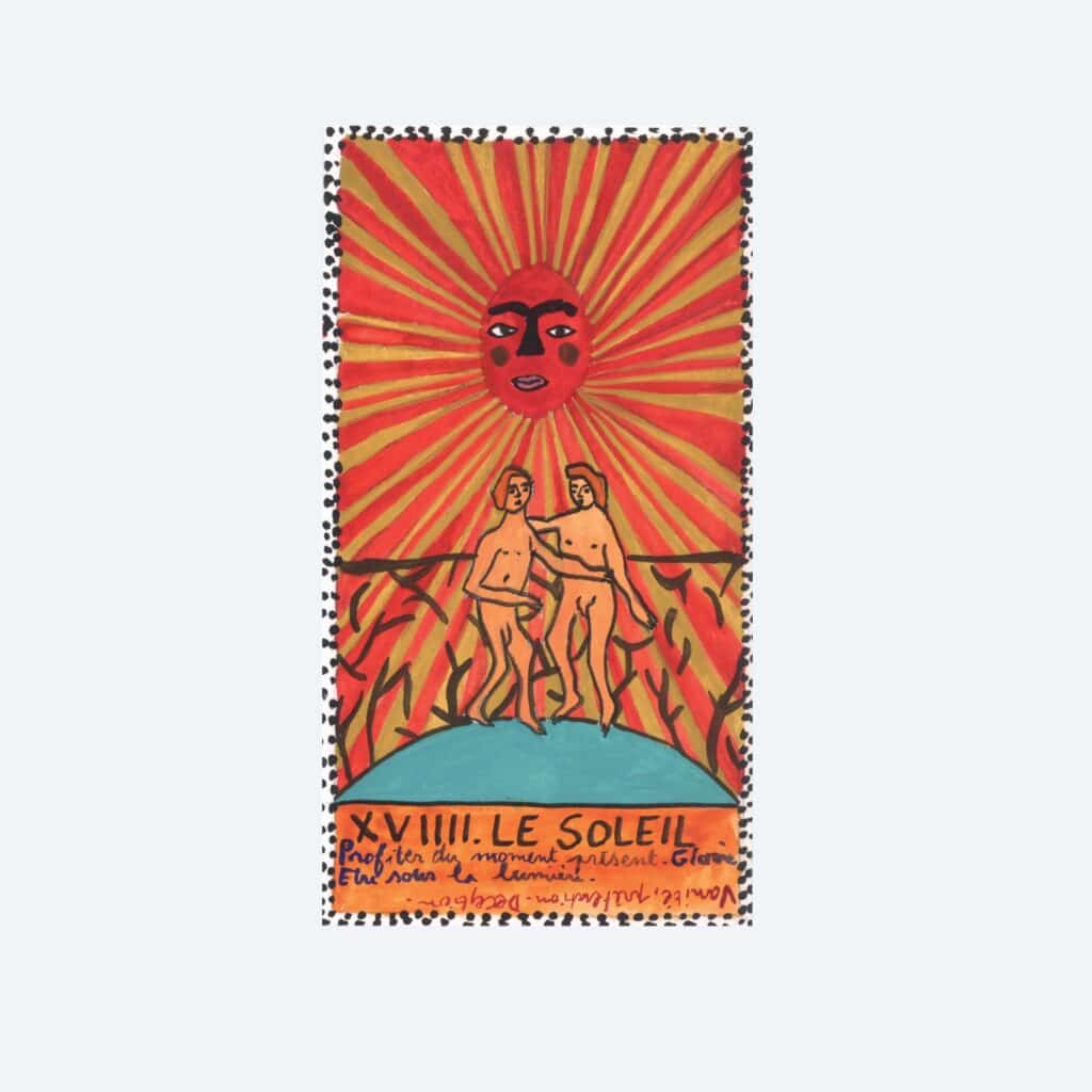Gemalte Tarotkarte „Le Soleil“: zwei Figuren unter einer Sonne mit Gesicht