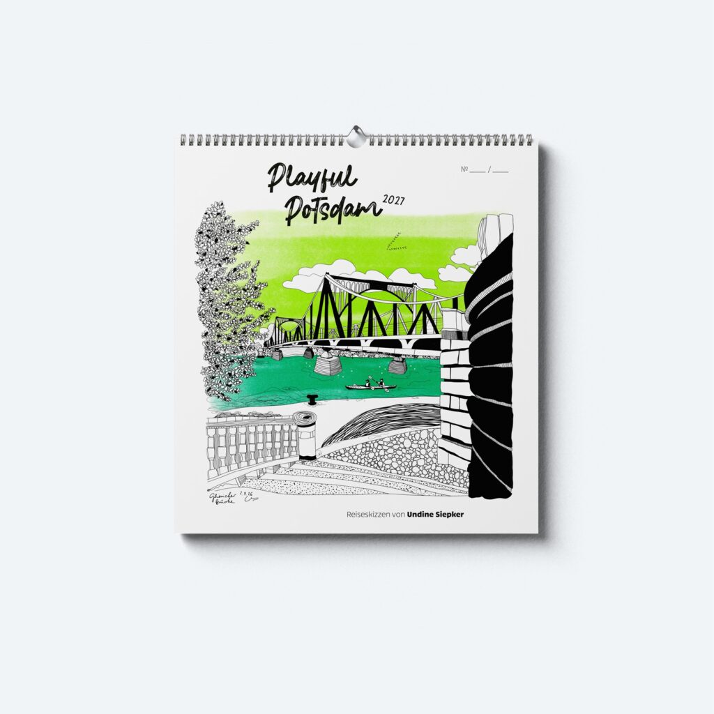 Wandkalender „Playful Potsdam 2027“ mit einer Zeichnung der Glienicker Brücke